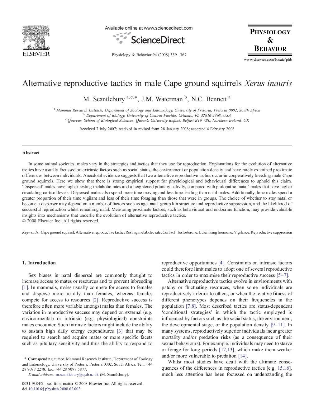 Alternative reproductive tactics in male Cape ground squirrels Xerus inauris