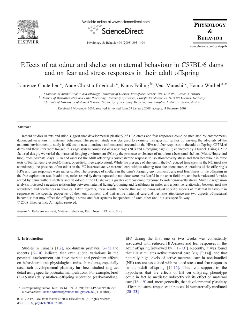 Effects of rat odour and shelter on maternal behaviour in C57BL/6 dams and on fear and stress responses in their adult offspring