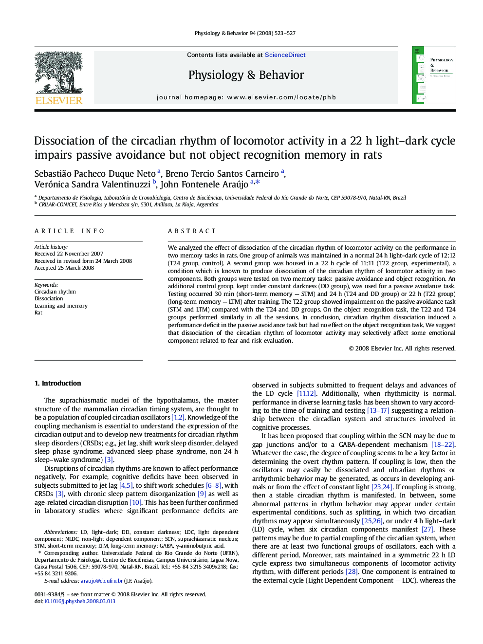 Dissociation of the circadian rhythm of locomotor activity in a 22 h light–dark cycle impairs passive avoidance but not object recognition memory in rats