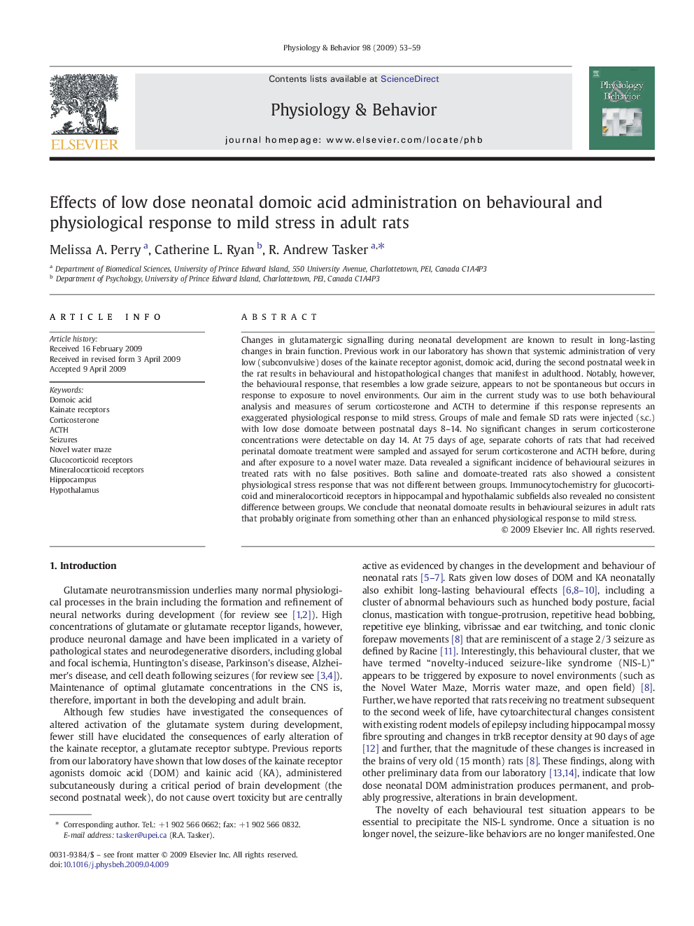 Effects of low dose neonatal domoic acid administration on behavioural and physiological response to mild stress in adult rats