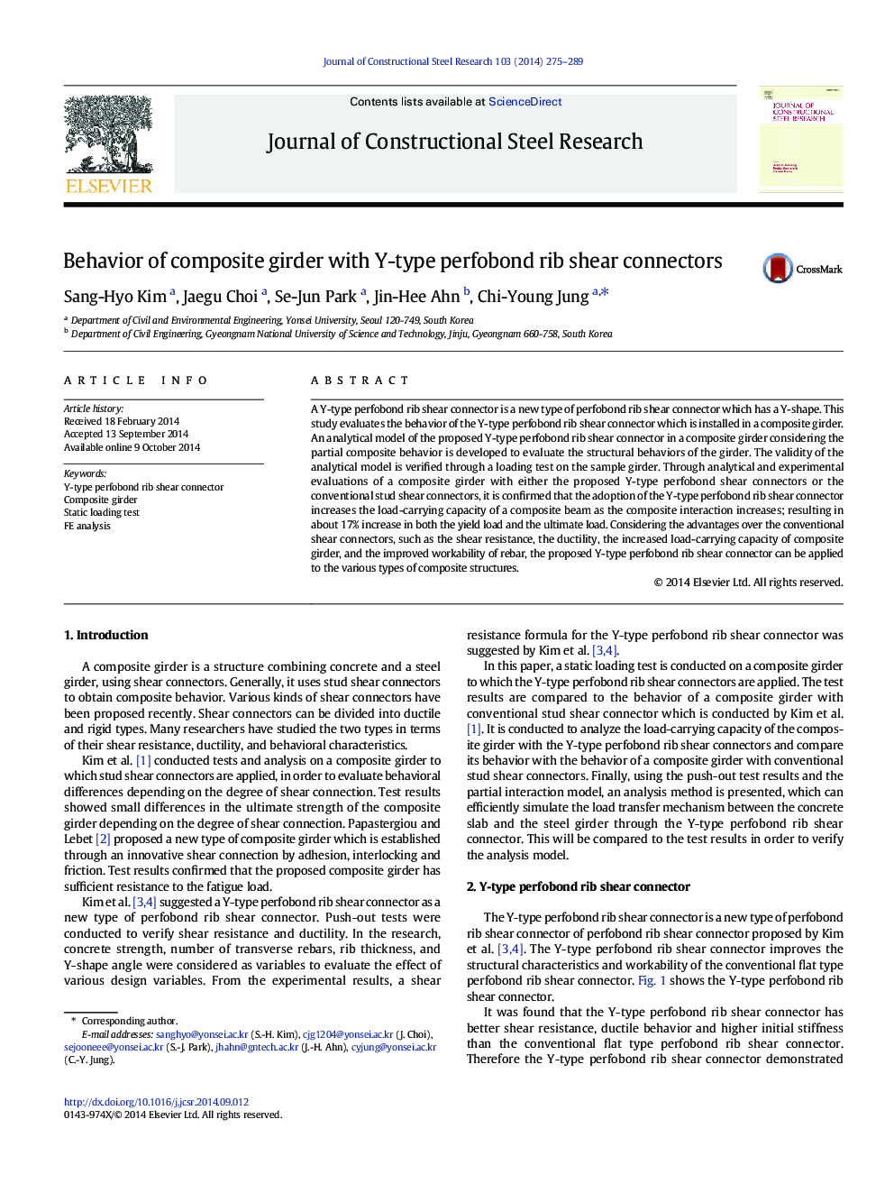 Behavior of composite girder with Y-type perfobond rib shear connectors