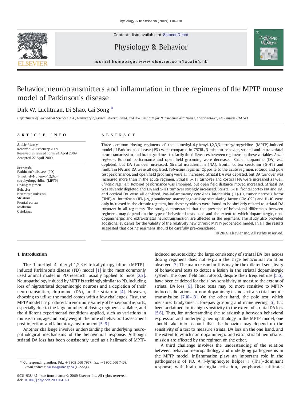 Behavior, neurotransmitters and inflammation in three regimens of the MPTP mouse model of Parkinson's disease