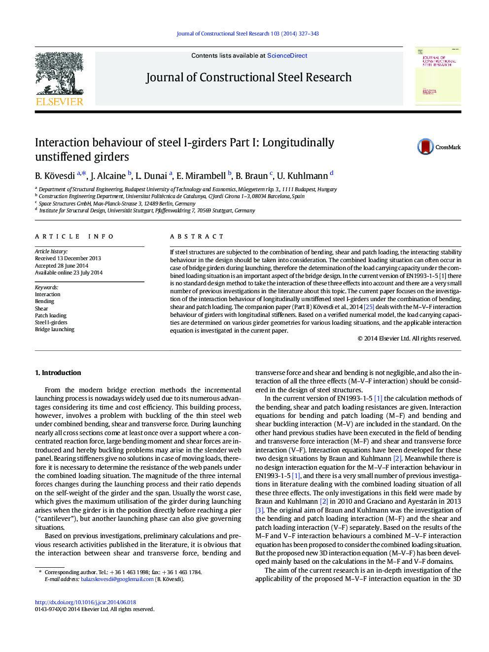 Interaction behaviour of steel I-girders Part I: Longitudinally unstiffened girders