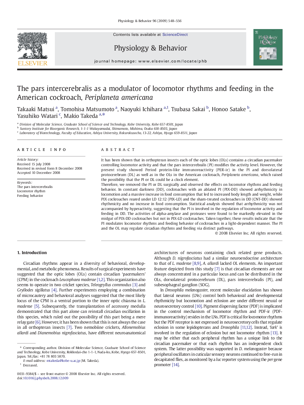 The pars intercerebralis as a modulator of locomotor rhythms and feeding in the American cockroach, Periplaneta americana