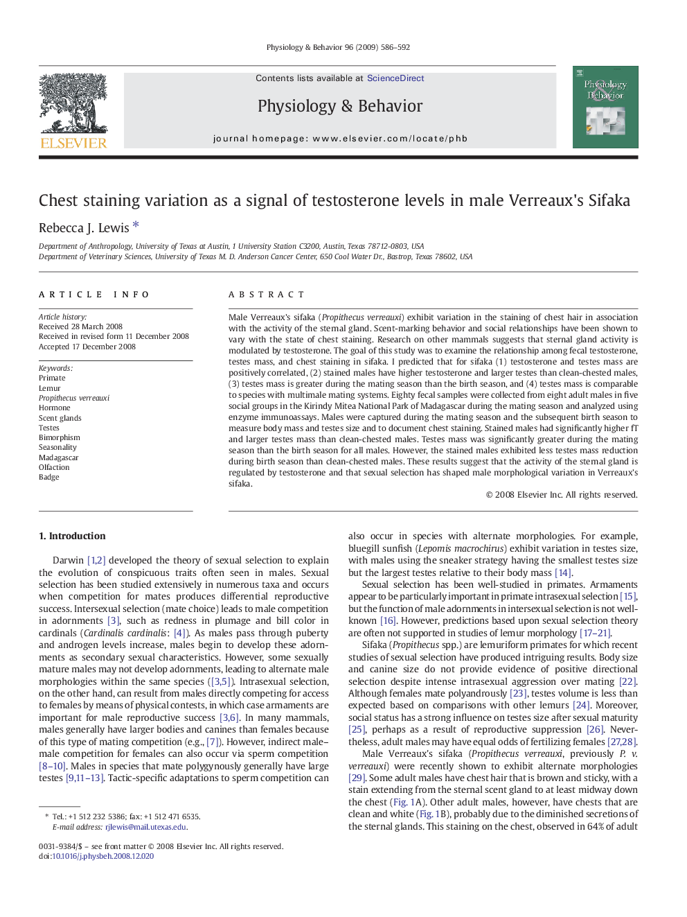 Chest staining variation as a signal of testosterone levels in male Verreaux's Sifaka