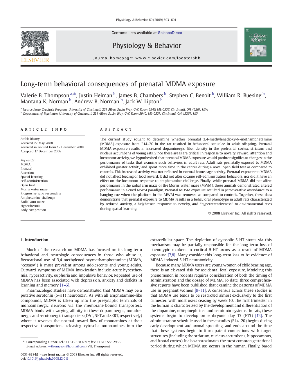 Long-term behavioral consequences of prenatal MDMA exposure