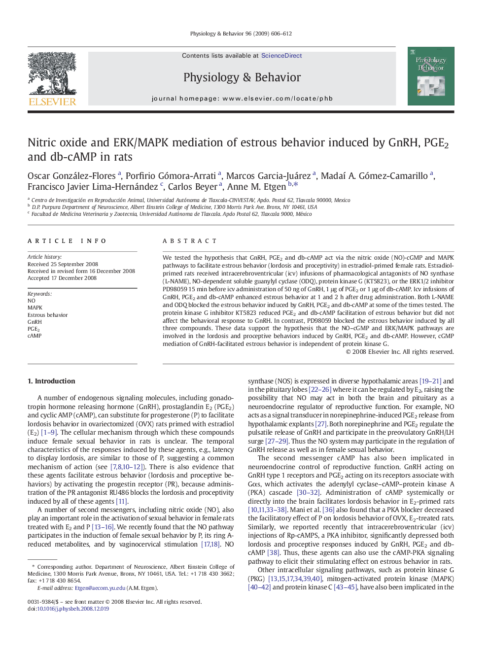 Nitric oxide and ERK/MAPK mediation of estrous behavior induced by GnRH, PGE2 and db-cAMP in rats