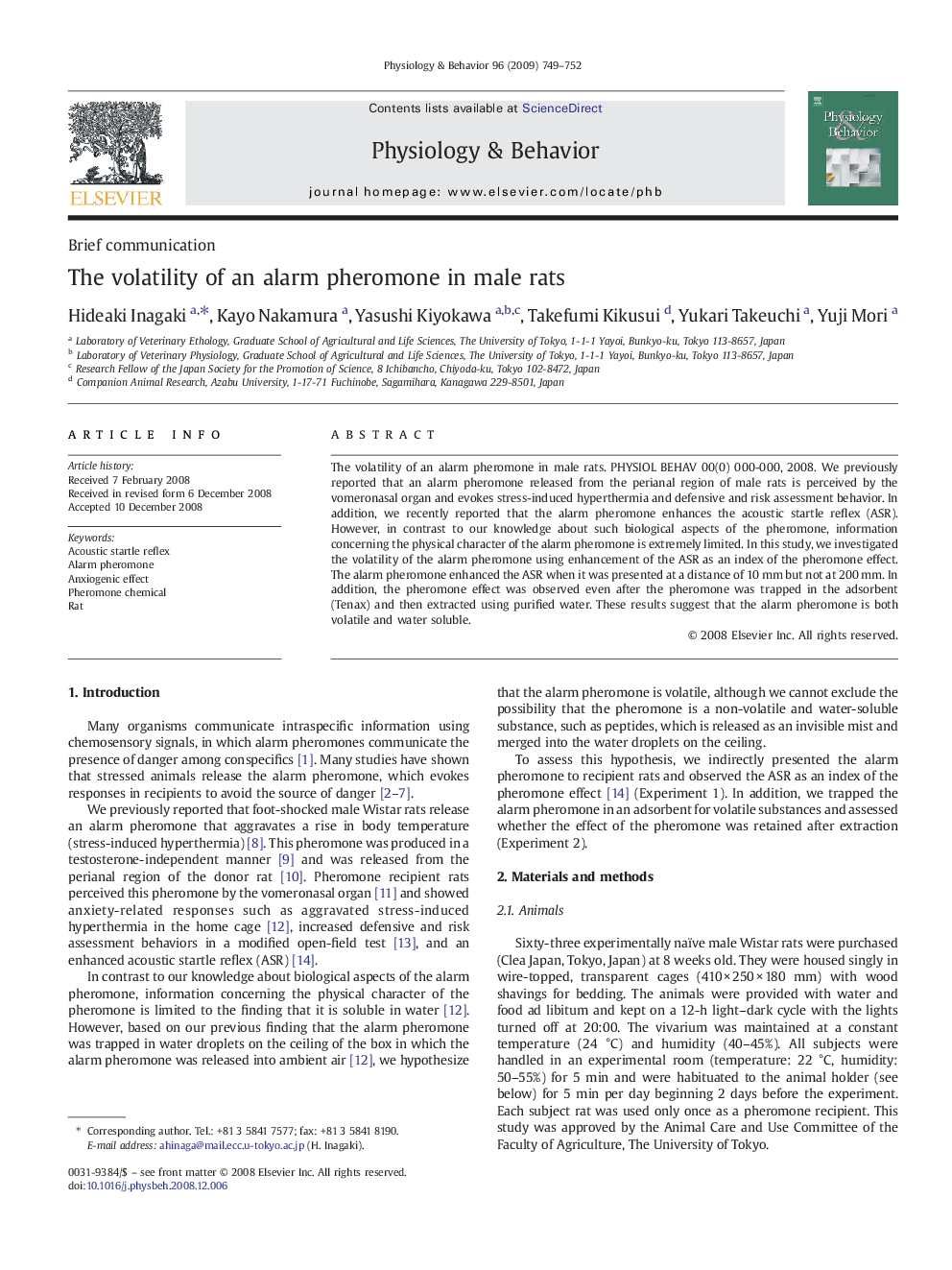 The volatility of an alarm pheromone in male rats