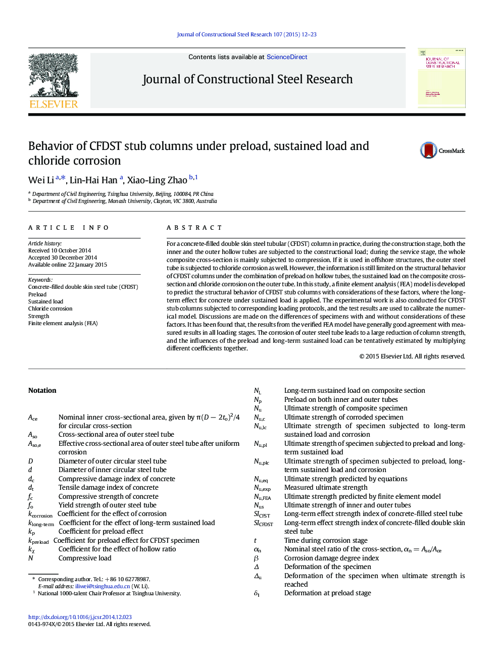 Behavior of CFDST stub columns under preload, sustained load and chloride corrosion