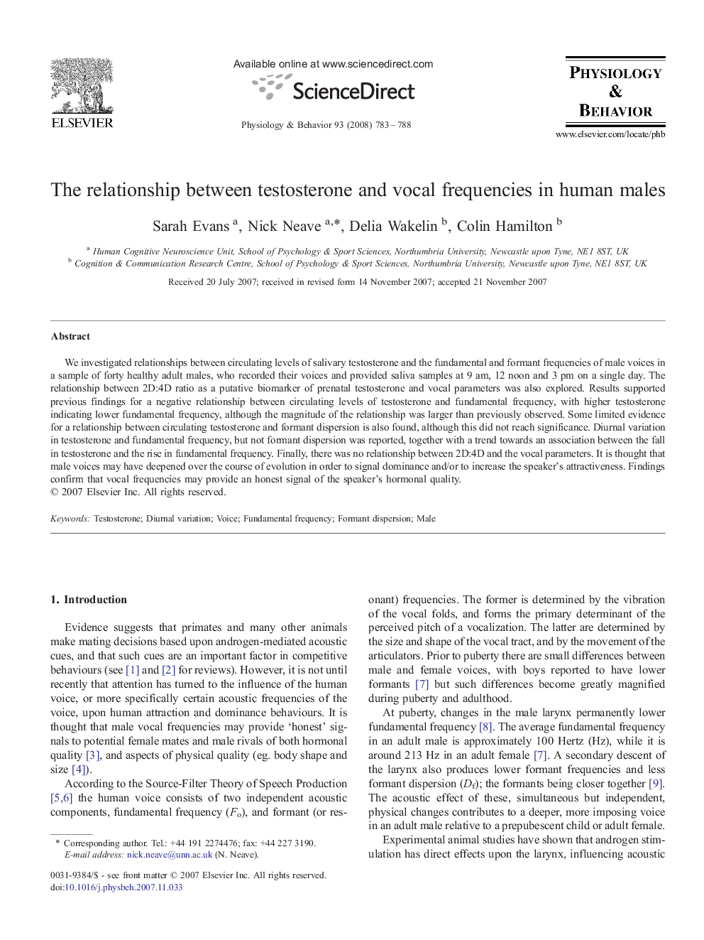 The relationship between testosterone and vocal frequencies in human males