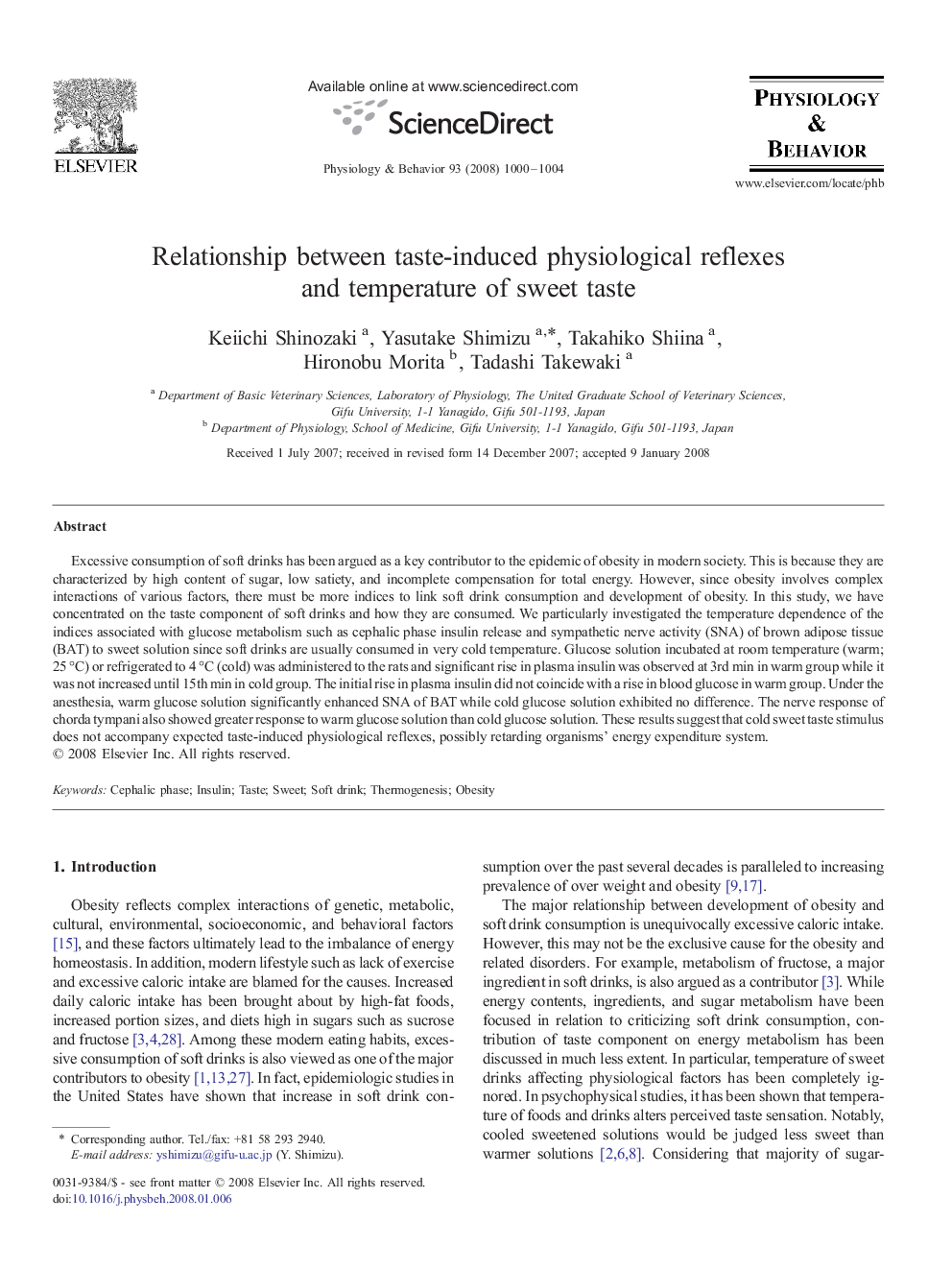 Relationship between taste-induced physiological reflexes and temperature of sweet taste