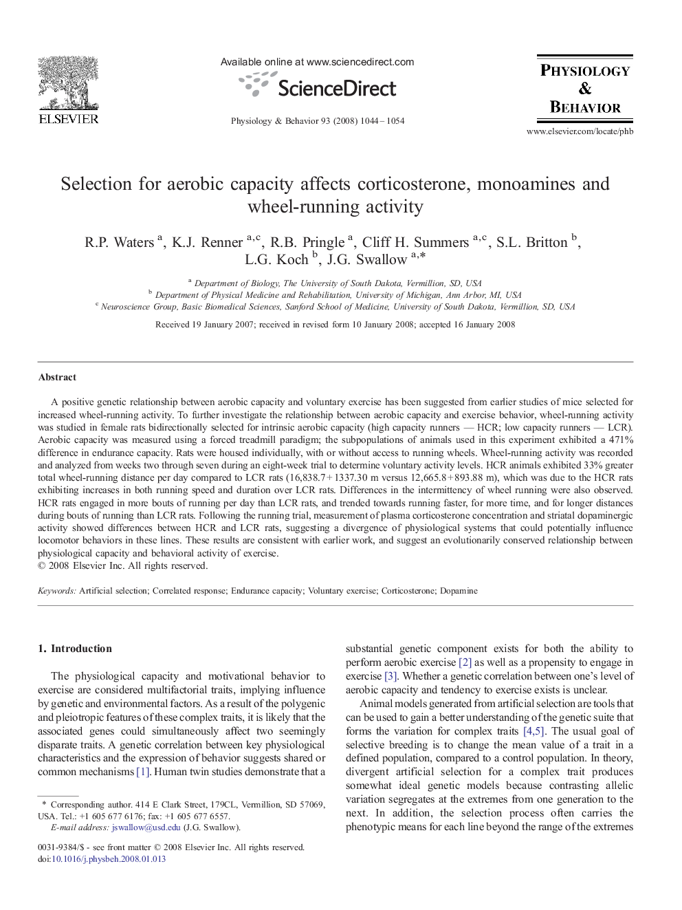 Selection for aerobic capacity affects corticosterone, monoamines and wheel-running activity