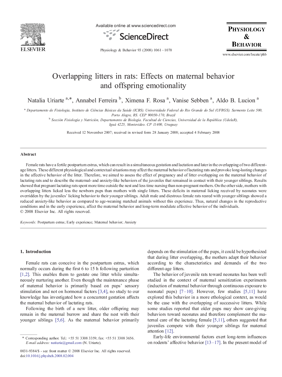 Overlapping litters in rats: Effects on maternal behavior and offspring emotionality