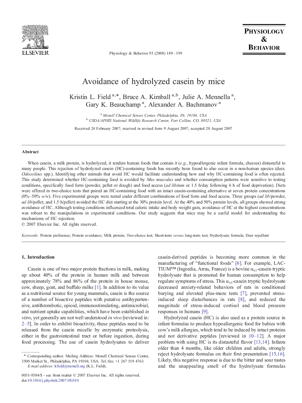 Avoidance of hydrolyzed casein by mice