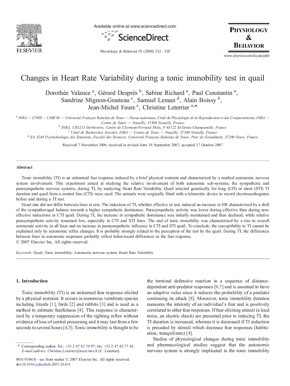 Changes in Heart Rate Variability during a tonic immobility test in quail