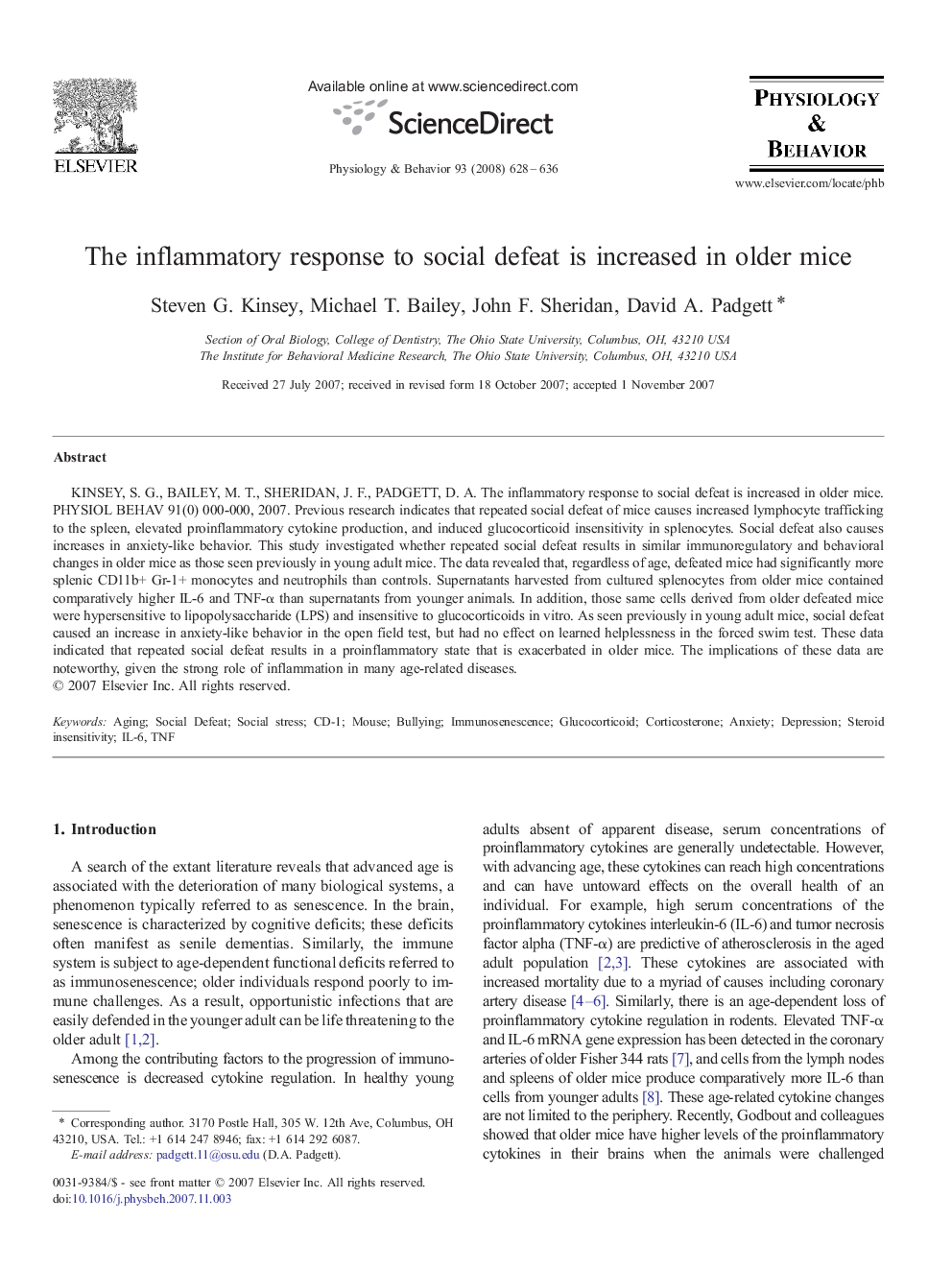 The inflammatory response to social defeat is increased in older mice