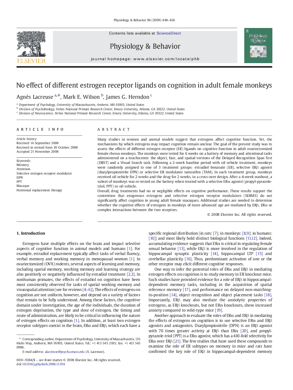 No effect of different estrogen receptor ligands on cognition in adult female monkeys