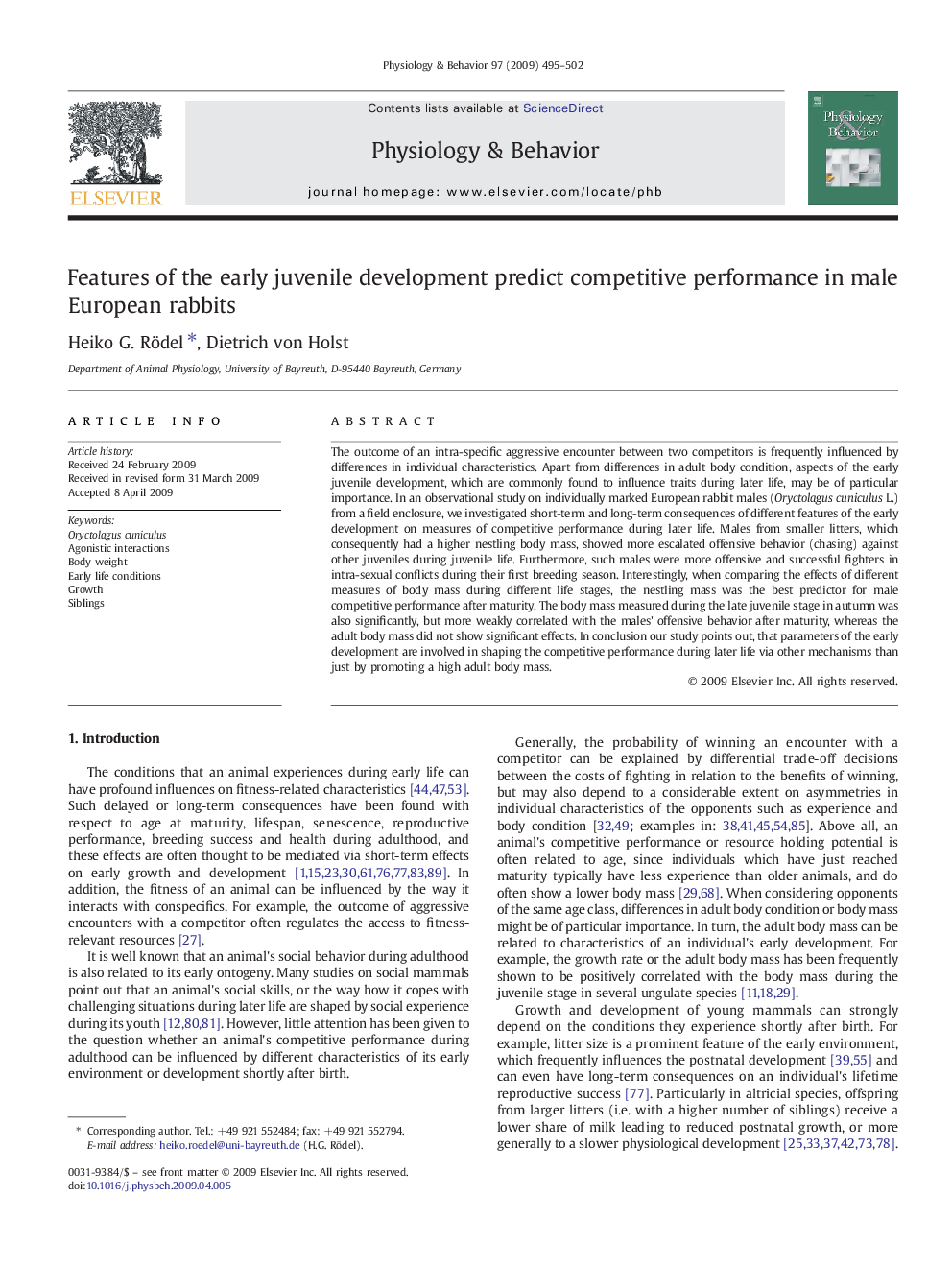 Features of the early juvenile development predict competitive performance in male European rabbits