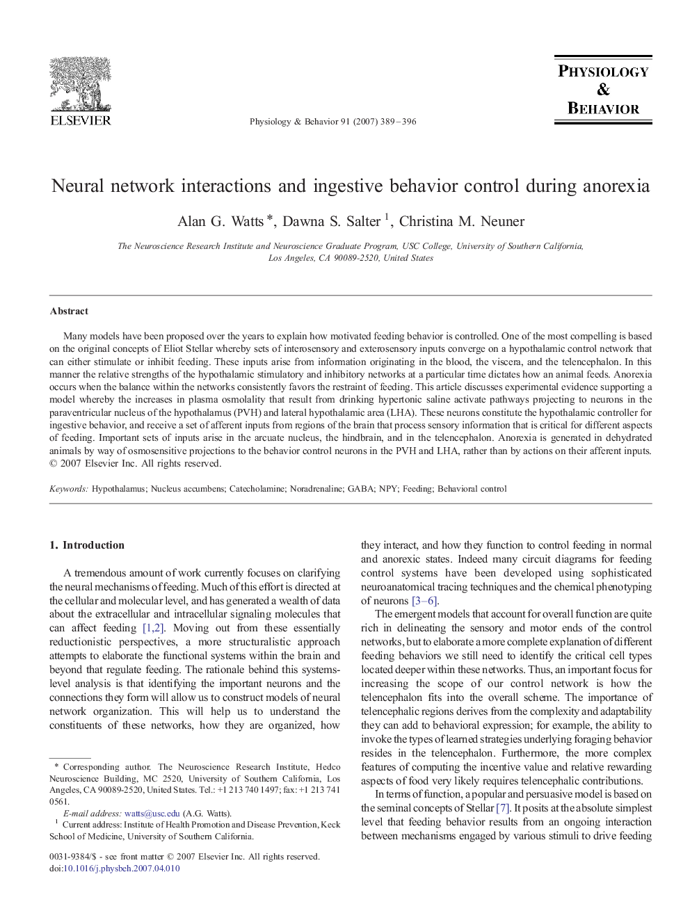 Neural network interactions and ingestive behavior control during anorexia