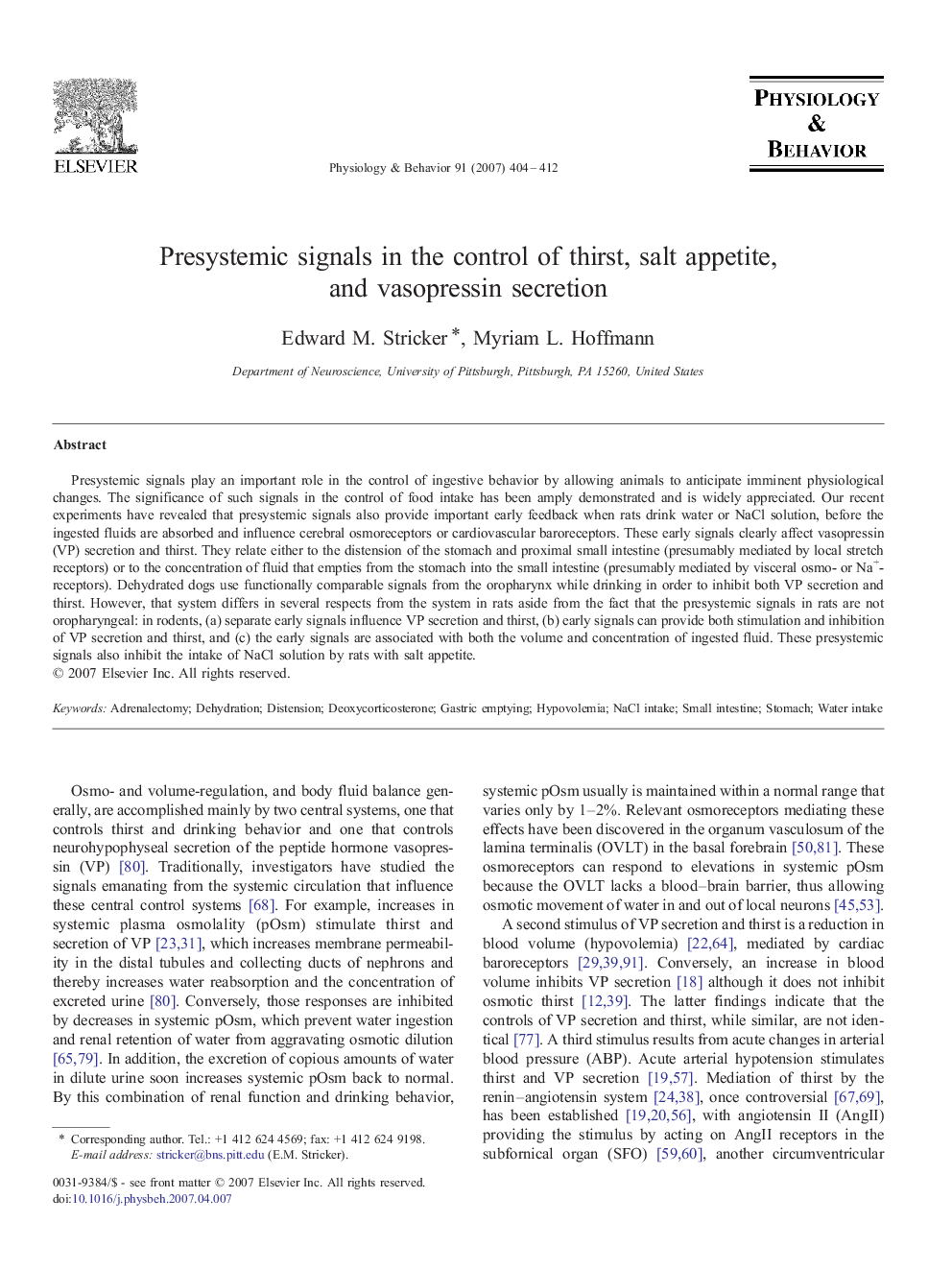 Presystemic signals in the control of thirst, salt appetite, and vasopressin secretion