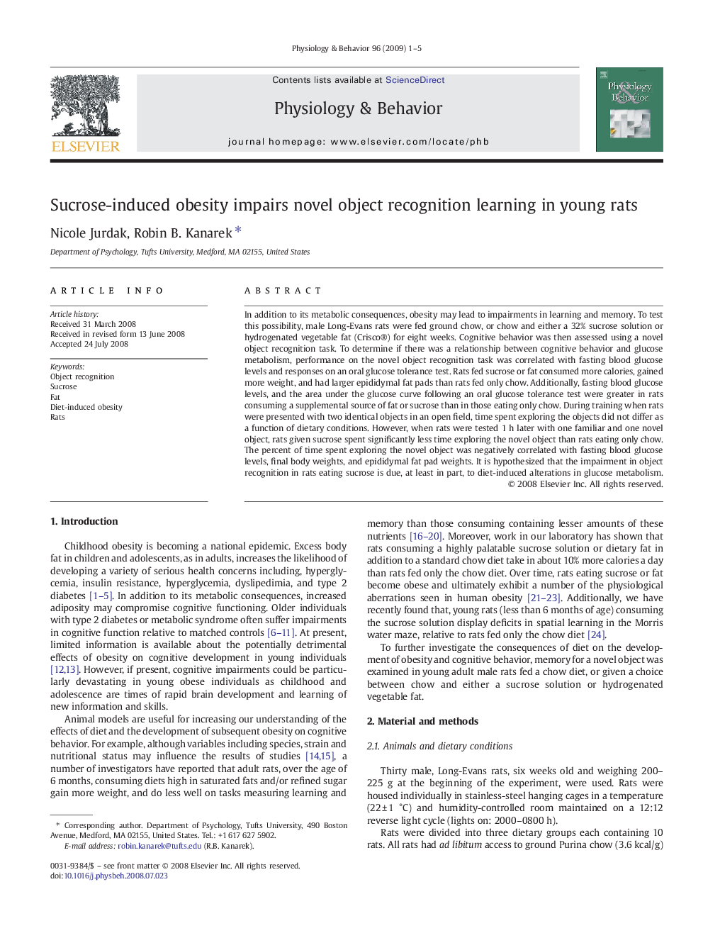 Sucrose-induced obesity impairs novel object recognition learning in young rats