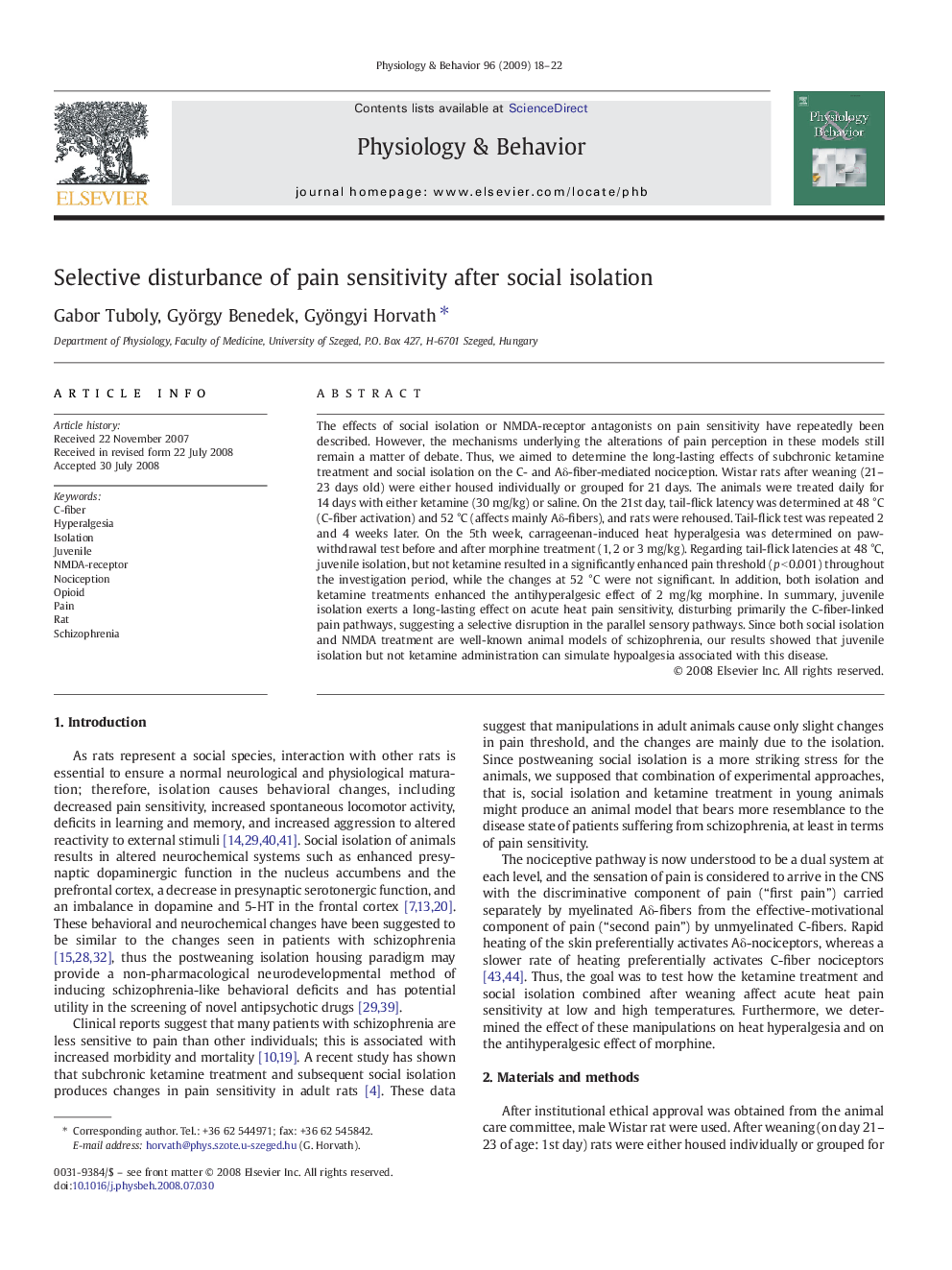 Selective disturbance of pain sensitivity after social isolation