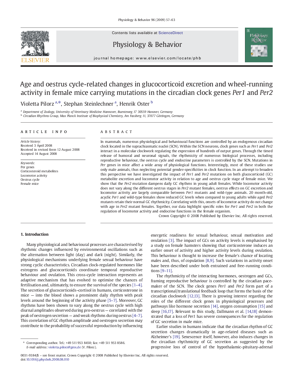 Age and oestrus cycle-related changes in glucocorticoid excretion and wheel-running activity in female mice carrying mutations in the circadian clock genes Per1 and Per2