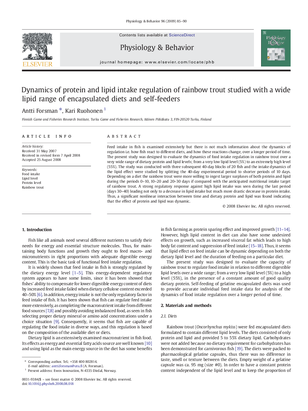 Dynamics of protein and lipid intake regulation of rainbow trout studied with a wide lipid range of encapsulated diets and self-feeders