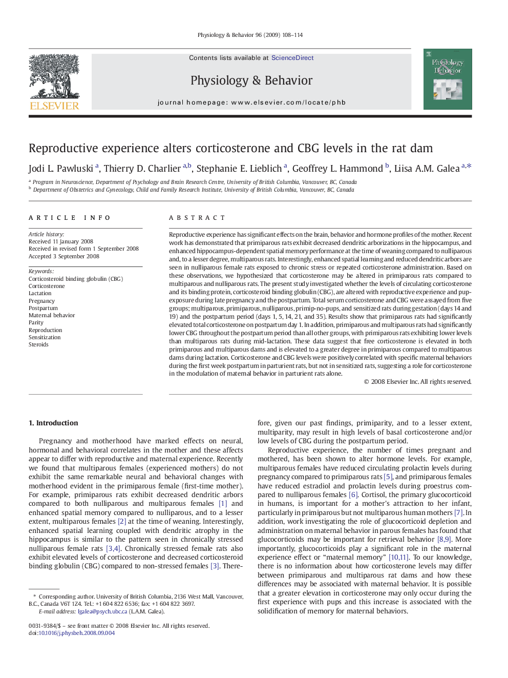 Reproductive experience alters corticosterone and CBG levels in the rat dam