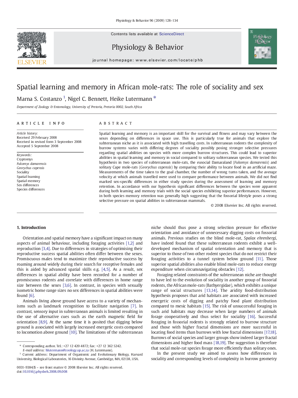 Spatial learning and memory in African mole-rats: The role of sociality and sex