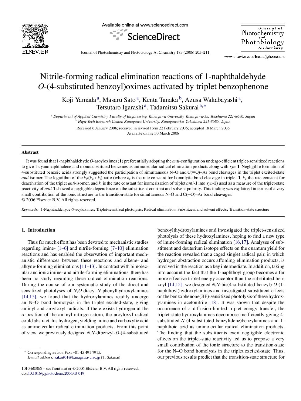 Nitrile-forming radical elimination reactions of 1-naphthaldehyde O-(4-substituted benzoyl)oximes activated by triplet benzophenone