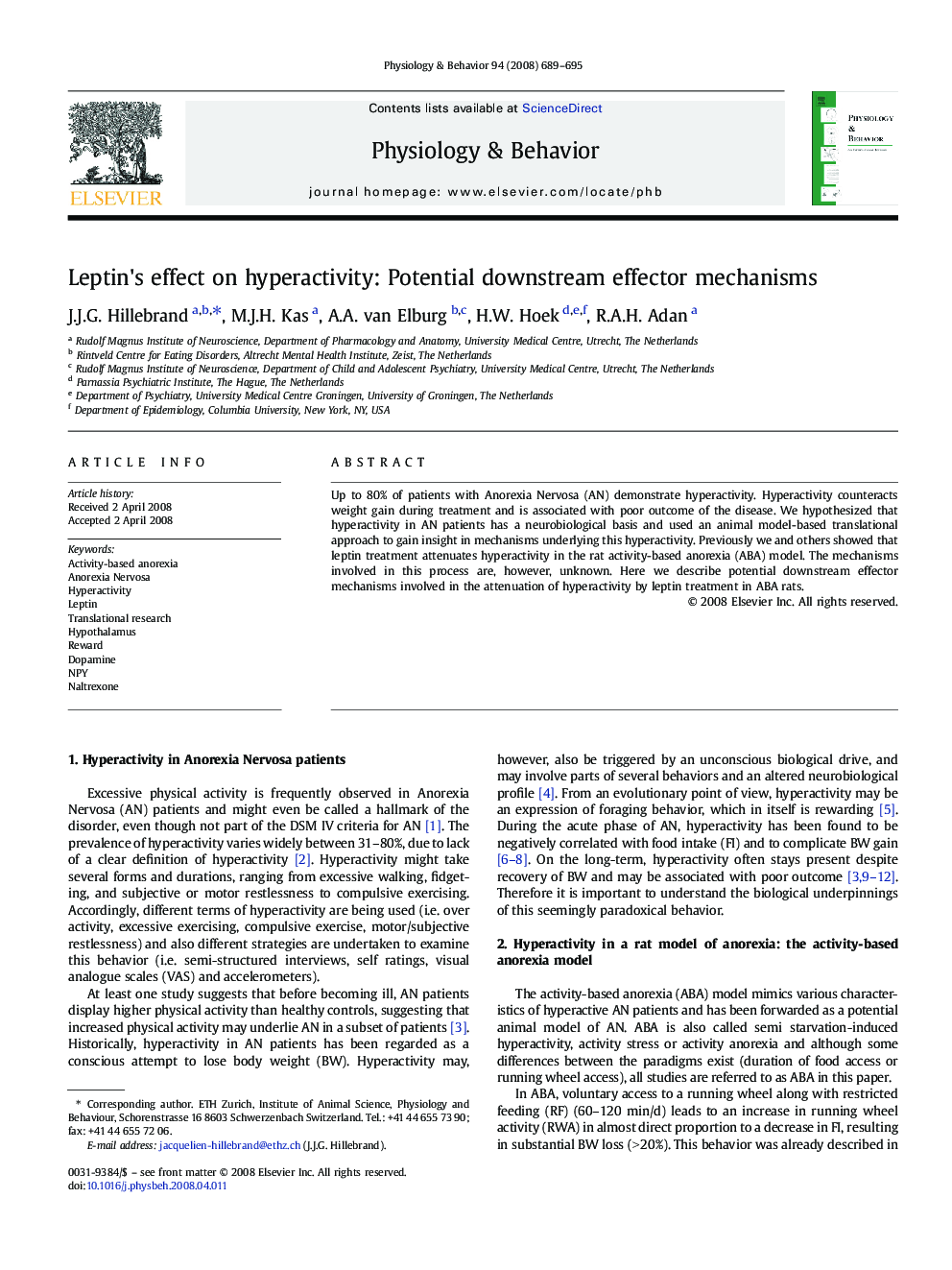 Leptin's effect on hyperactivity: Potential downstream effector mechanisms