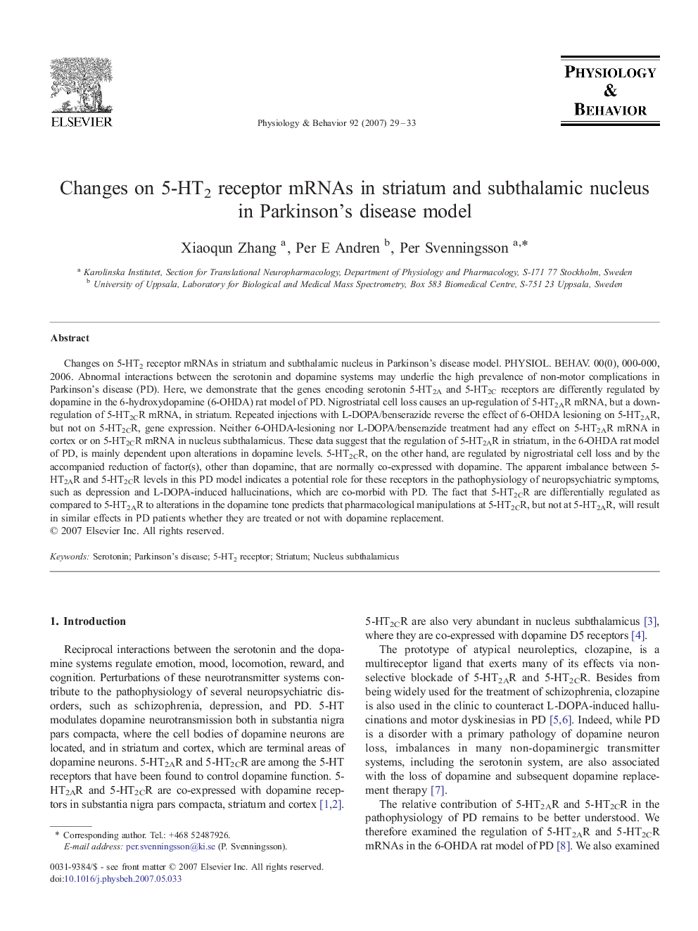 Changes on 5-HT2 receptor mRNAs in striatum and subthalamic nucleus in Parkinson's disease model