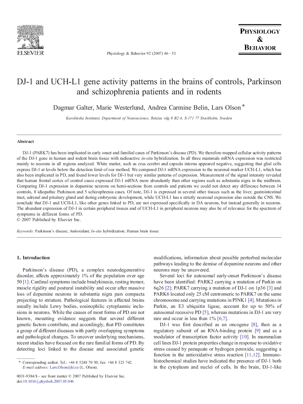 DJ-1 and UCH-L1 gene activity patterns in the brains of controls, Parkinson and schizophrenia patients and in rodents