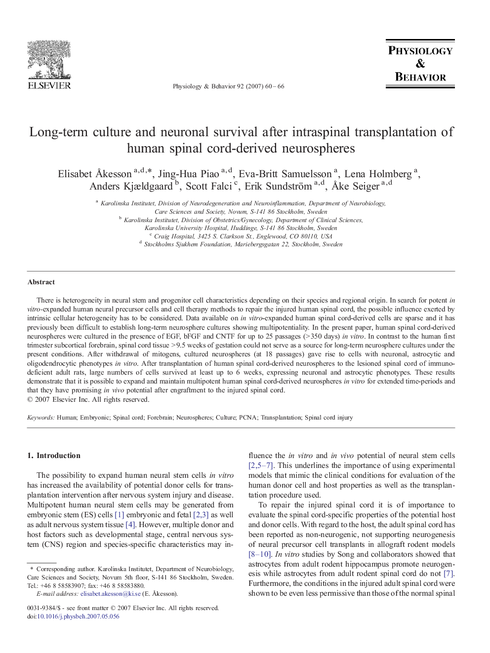 Long-term culture and neuronal survival after intraspinal transplantation of human spinal cord-derived neurospheres