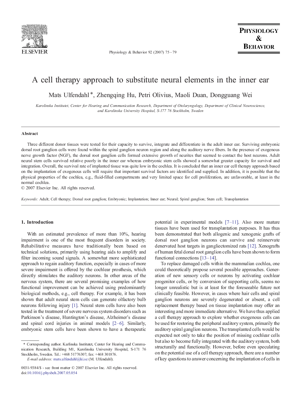 A cell therapy approach to substitute neural elements in the inner ear