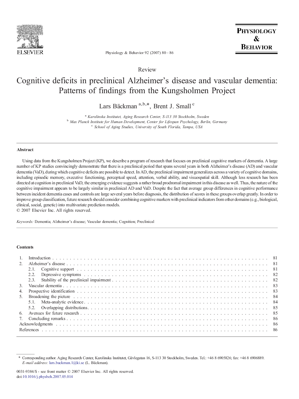 Cognitive deficits in preclinical Alzheimer's disease and vascular dementia: Patterns of findings from the Kungsholmen Project