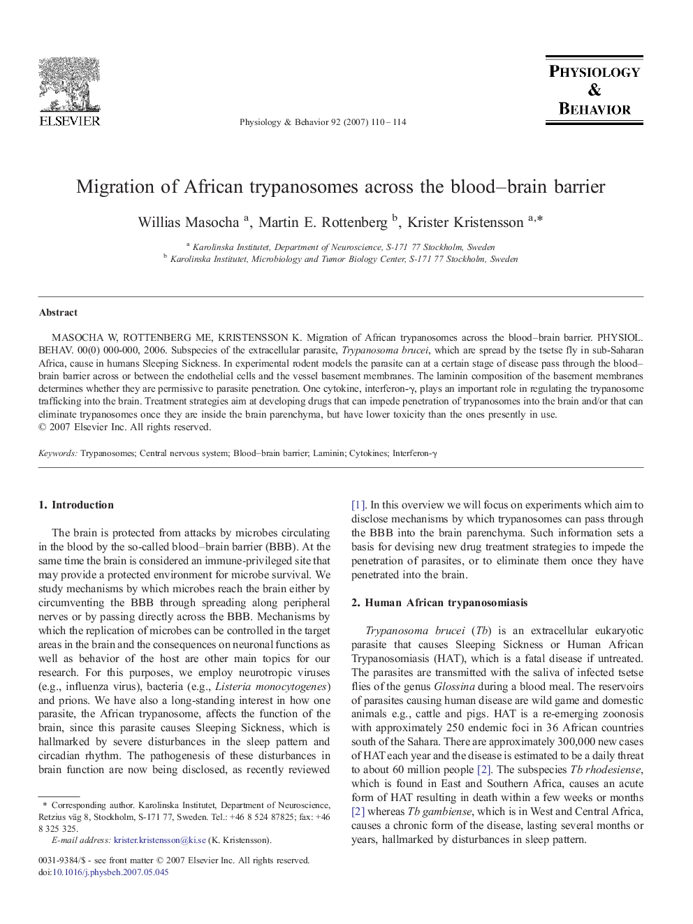 Migration of African trypanosomes across the blood–brain barrier