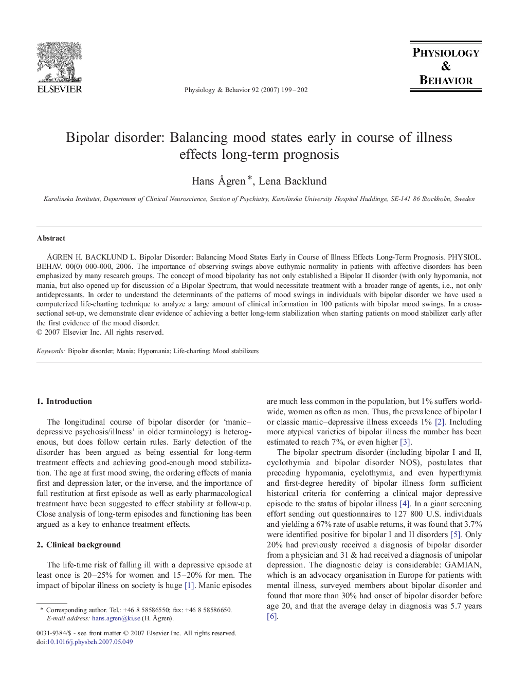 Bipolar disorder: Balancing mood states early in course of illness effects long-term prognosis