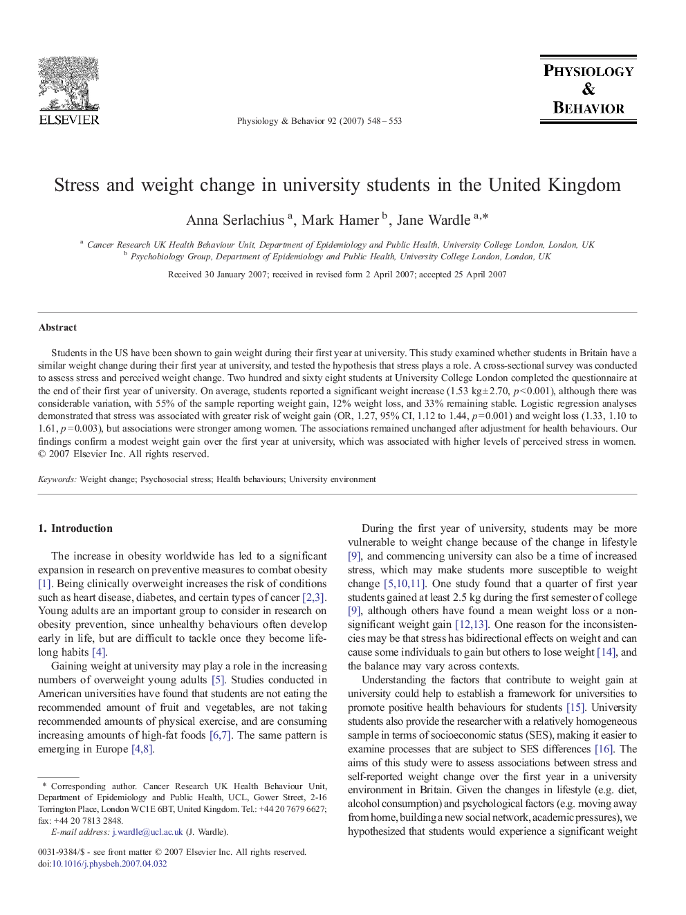 Stress and weight change in university students in the United Kingdom