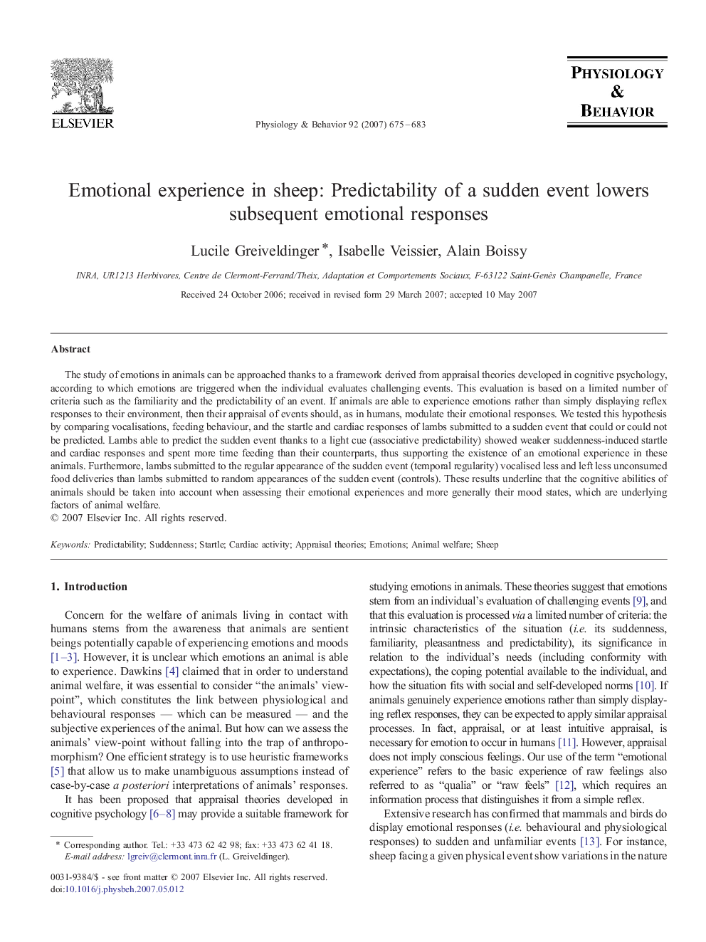 Emotional experience in sheep: Predictability of a sudden event lowers subsequent emotional responses