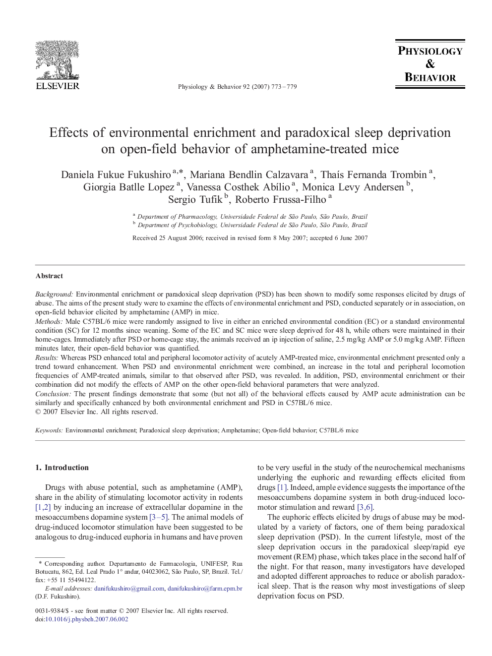 Effects of environmental enrichment and paradoxical sleep deprivation on open-field behavior of amphetamine-treated mice