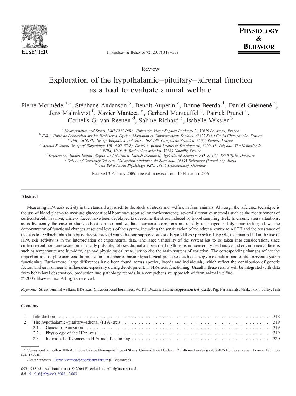 Exploration of the hypothalamic–pituitary–adrenal function as a tool to evaluate animal welfare