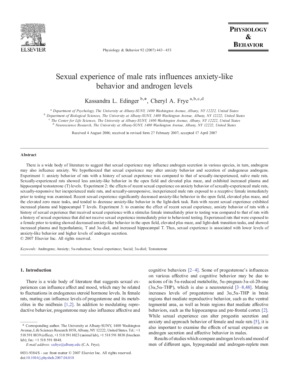 Sexual experience of male rats influences anxiety-like behavior and androgen levels