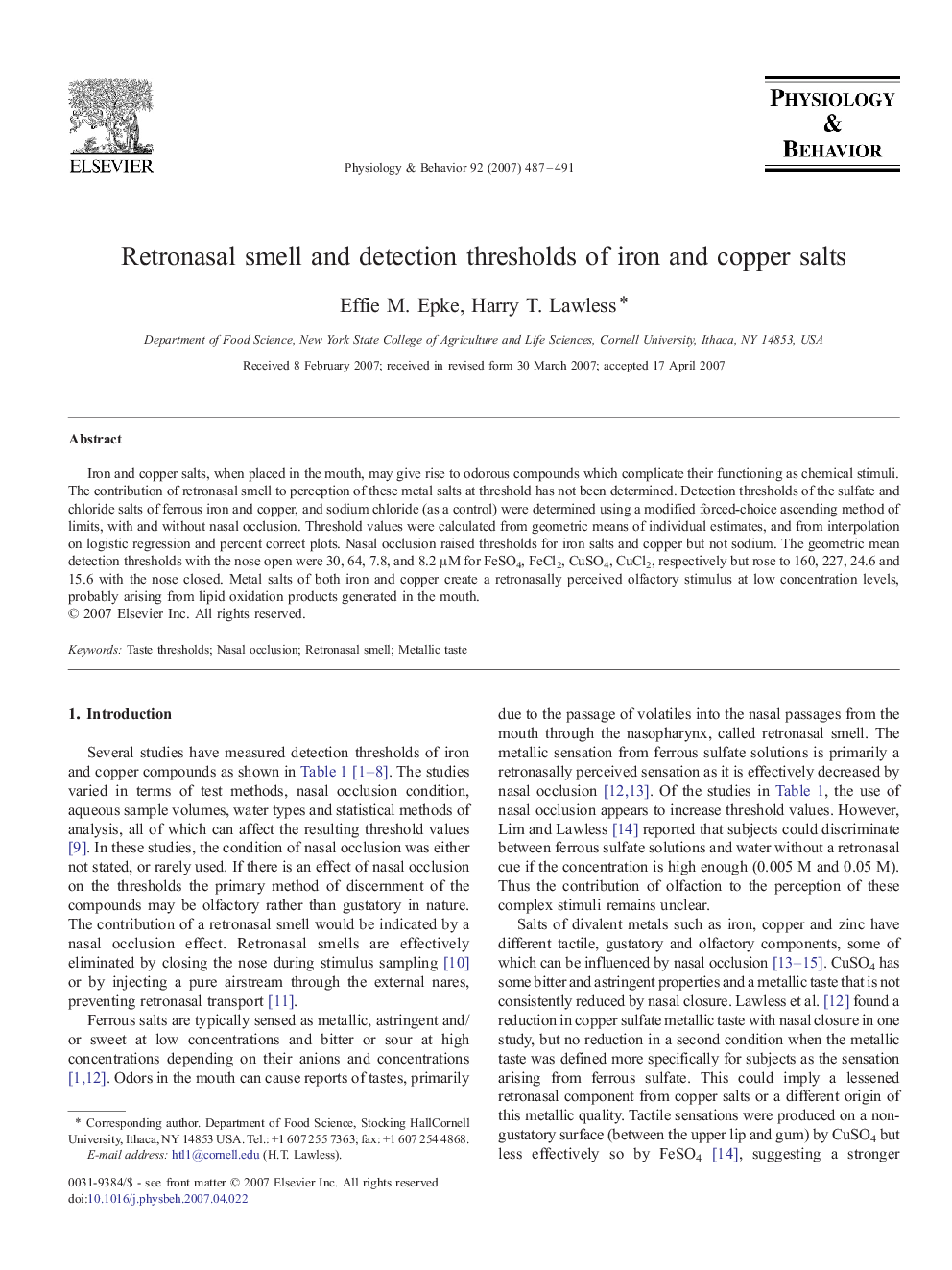 Retronasal smell and detection thresholds of iron and copper salts