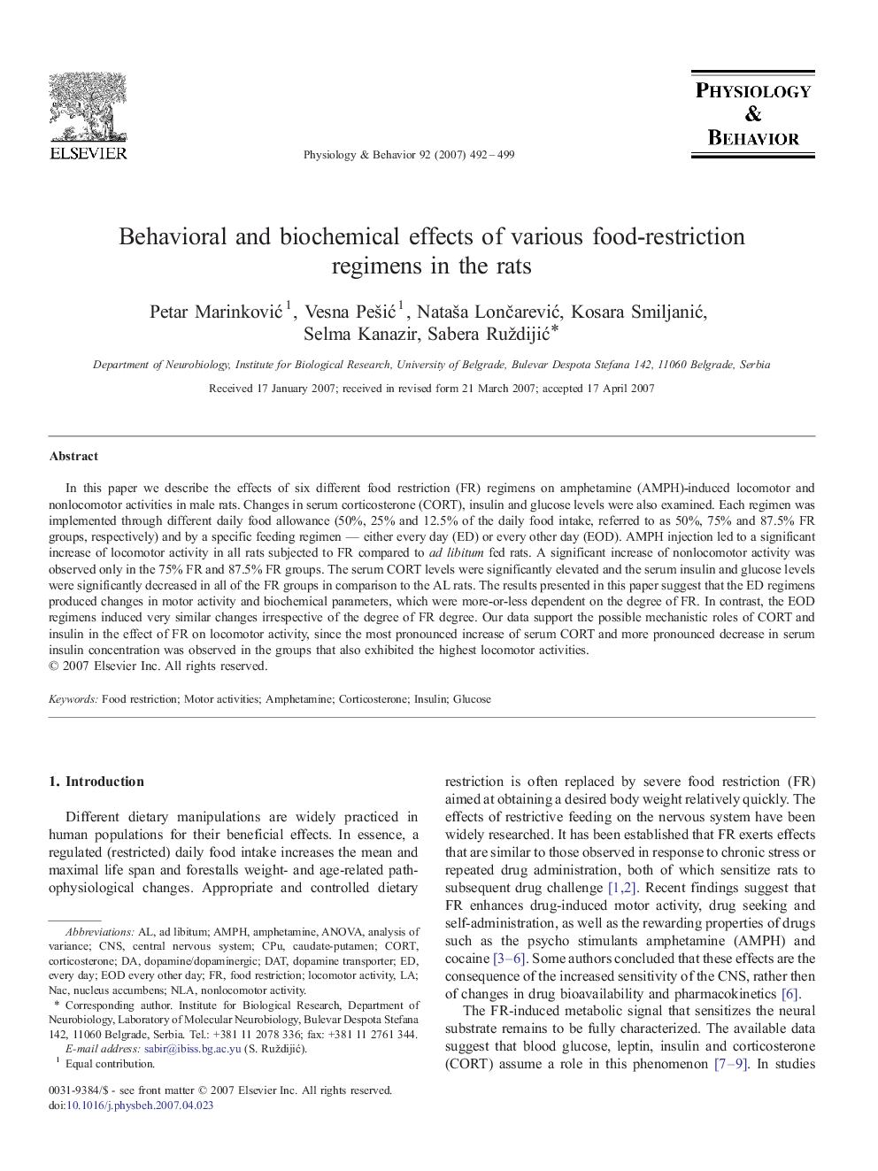 Behavioral and biochemical effects of various food-restriction regimens in the rats