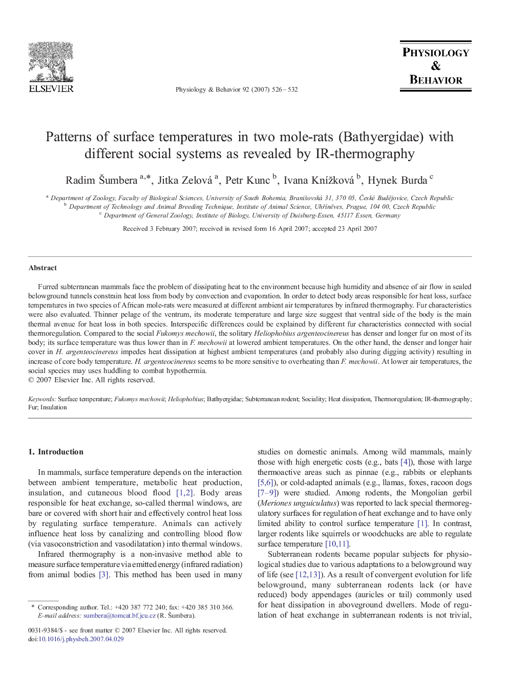 Patterns of surface temperatures in two mole-rats (Bathyergidae) with different social systems as revealed by IR-thermography