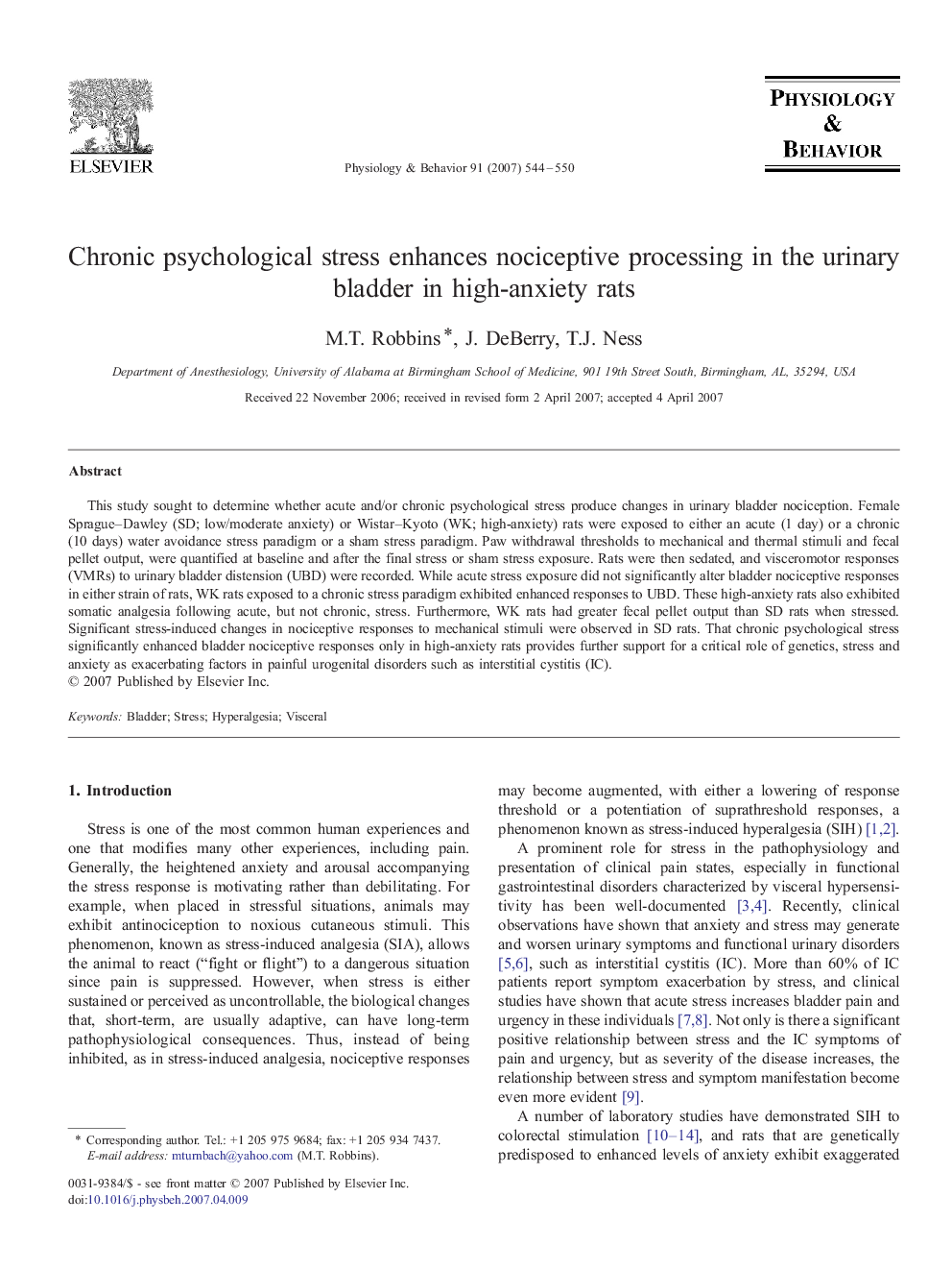 Chronic psychological stress enhances nociceptive processing in the urinary bladder in high-anxiety rats