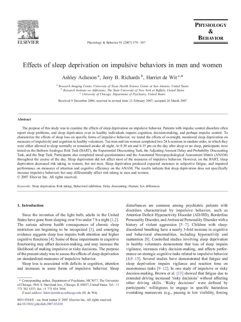 Effects of sleep deprivation on impulsive behaviors in men and women