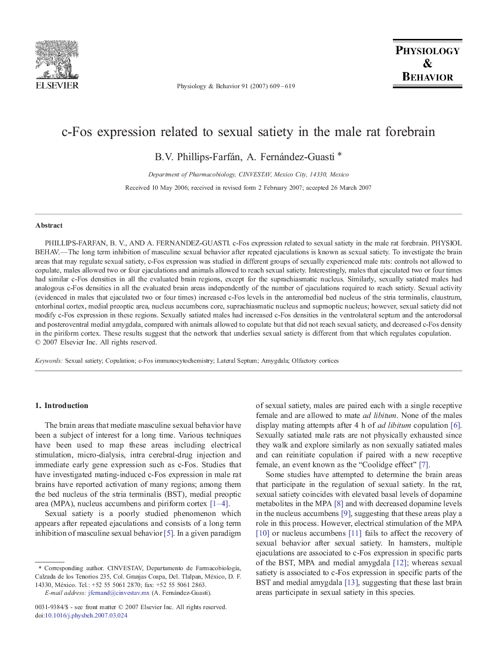 c-Fos expression related to sexual satiety in the male rat forebrain